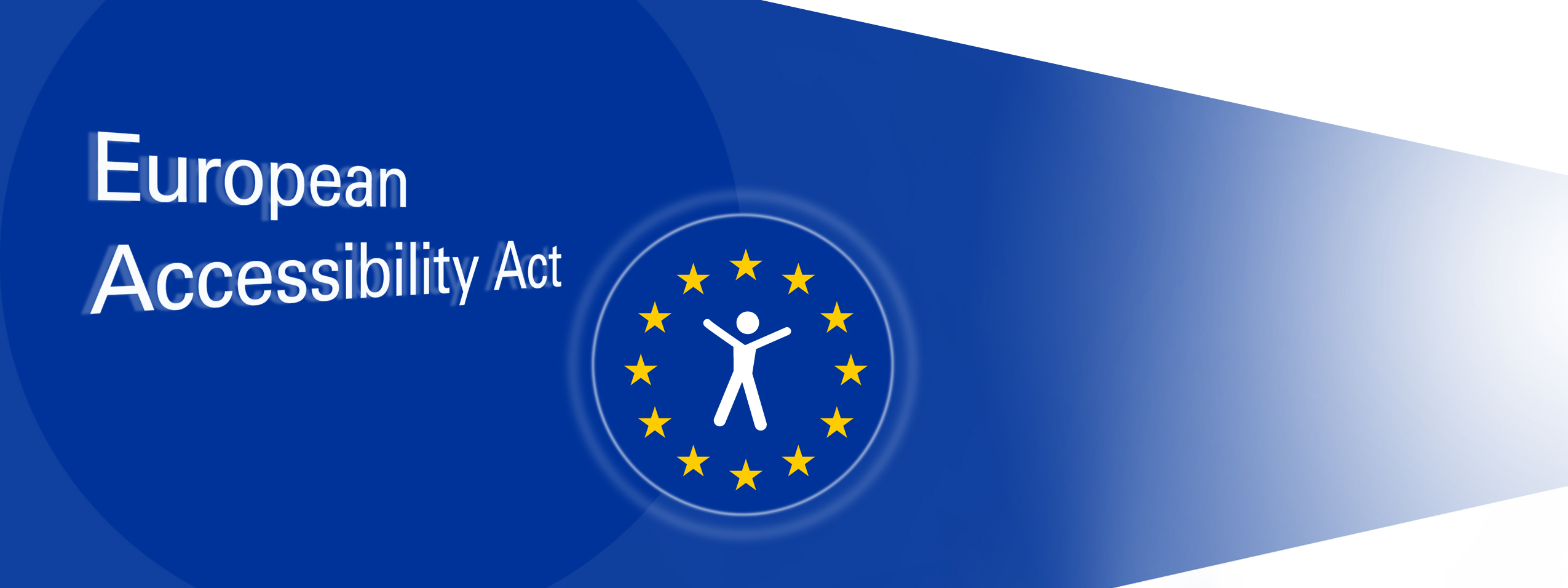Auf einem blauen Hintergrund steht European Accessibility Act und daneben ist ein runder Kreis mit gelben Sternen in deren Mitte ein weißes Piktogramm mit ausgebreiteten Armen steht.