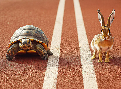 Auf einer Laufbahn sitzen eine Schildkröte und ein Hase nebeneinander
