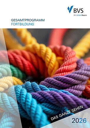 BVS Fortbildung 2026 - Cover Gesamtprogramm Der Bildausschnitt zeigt viele bunte Wollseile die eine gemeinsame Mitte umschlingen.