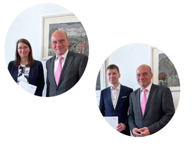 Statements Absolventen Datenschutz Zwei ovale Fotoausschnitte zeigen auf einem transparenten Hintergrund eine dunkelhaarige Frau und einen dunkelhaarigen Mann neben einem älteren Mann mit grauem Anzug und einer pinkfarbenen Krawatte.