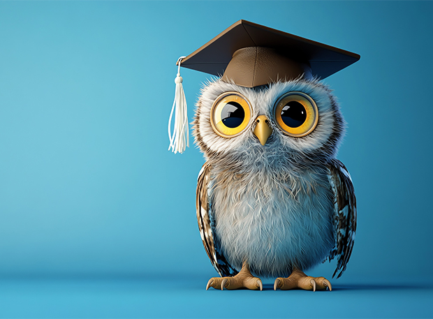 Vor einem blauen Hintergrund steht eine Eule mit einem schwarzen Hut.